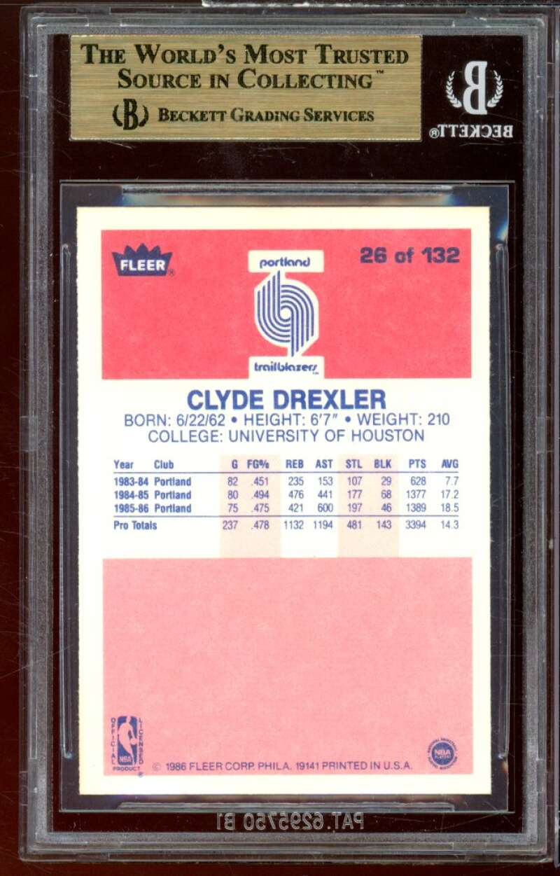 Clyde Drexler Rookie Card 1986-87 Fleer #26 BGS 9.5 (9.5 9.5 9.5 9) Image 2