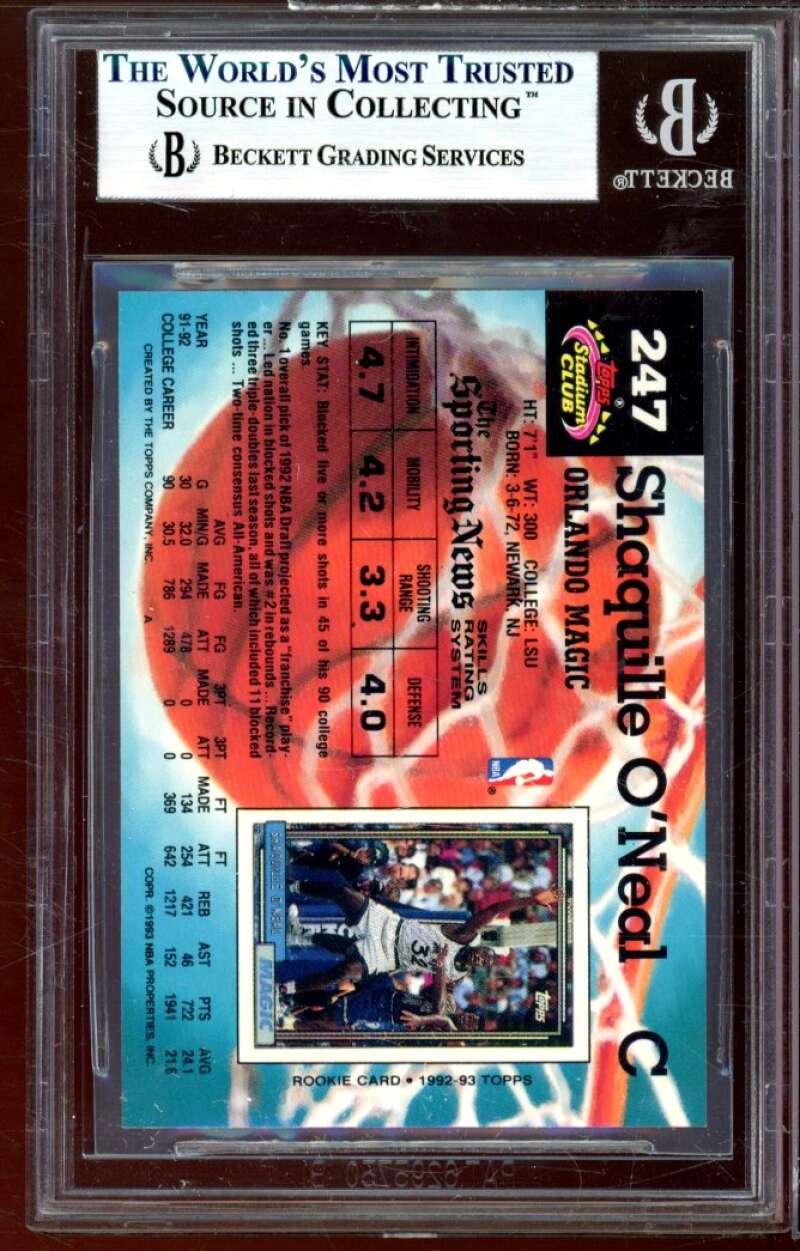 Shaquille O'Neal Rookie Card 1992-93 Stadium Club #247 BGS 9 (10 9 9.5 9) Image 2