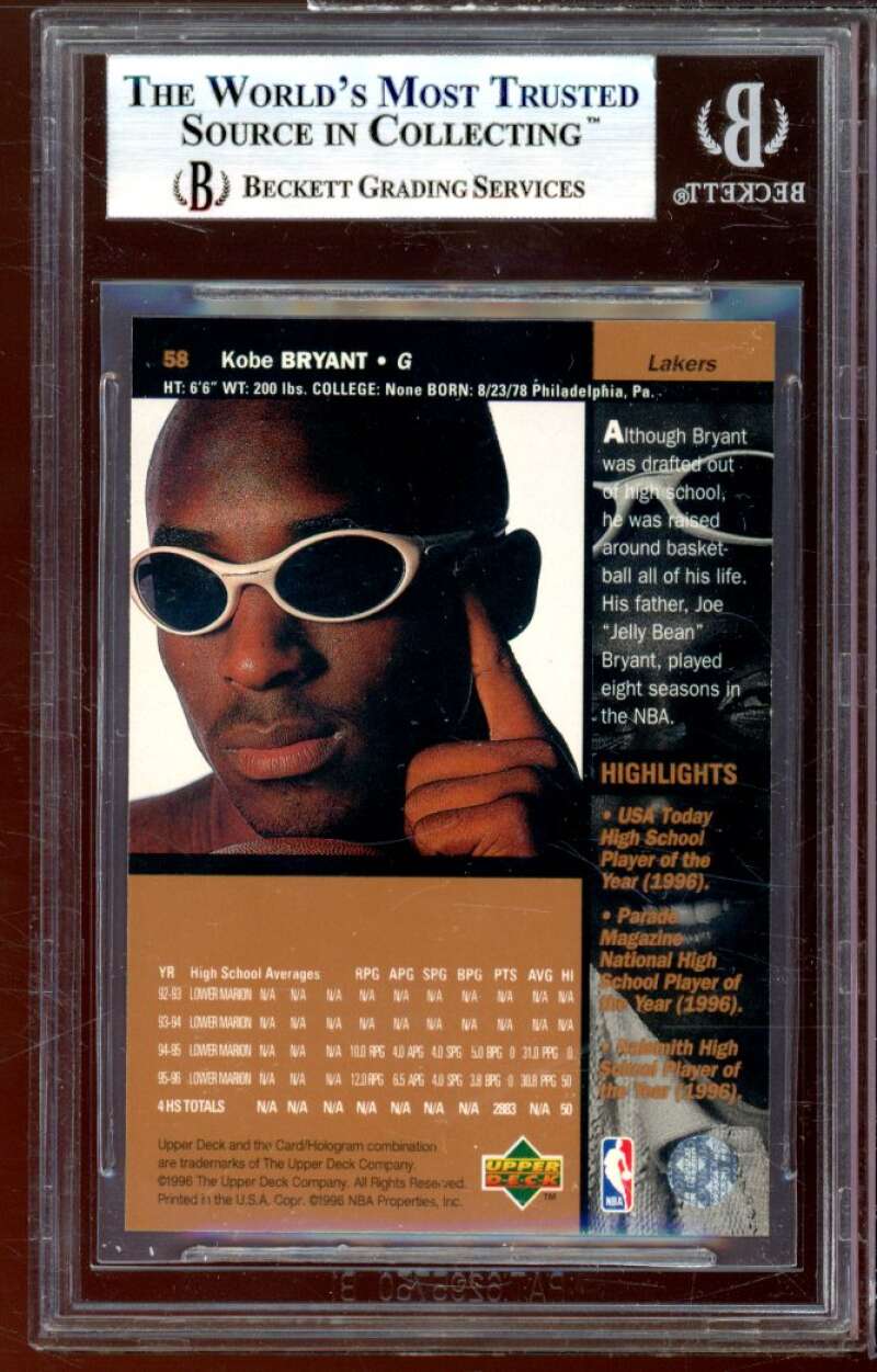 Kobe Bryant Rookie Card 1996-97 Upper Deck #58 BGS 9 (9.5 8.5 9 9.5) Image 2