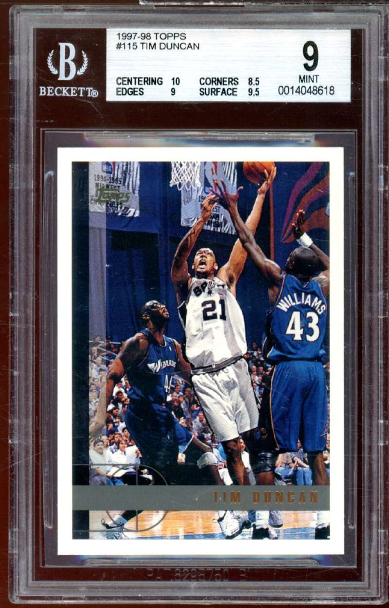 Tim Duncan Rookie Card 1997-98 Topps #115 BGS 9 (10 8.5 9 9.5) Image 1