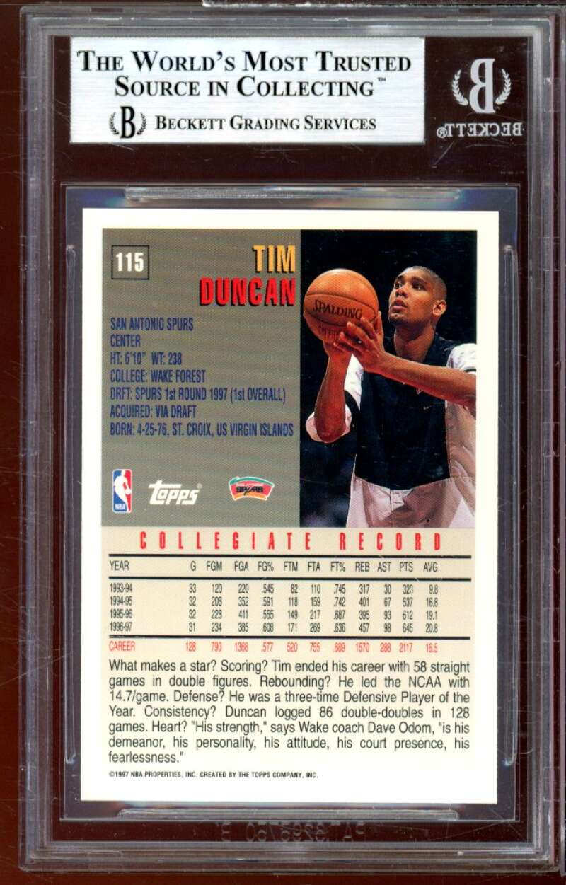 Tim Duncan Rookie Card 1997-98 Topps #115 BGS 9 (10 8.5 9 9.5) Image 2