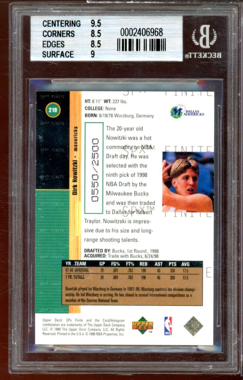 Dirk Nowitzki Rookie Card 1998-99 SPX Finite #219 BGS 8.5 (9.5 8.5 8.5 9) Image 2