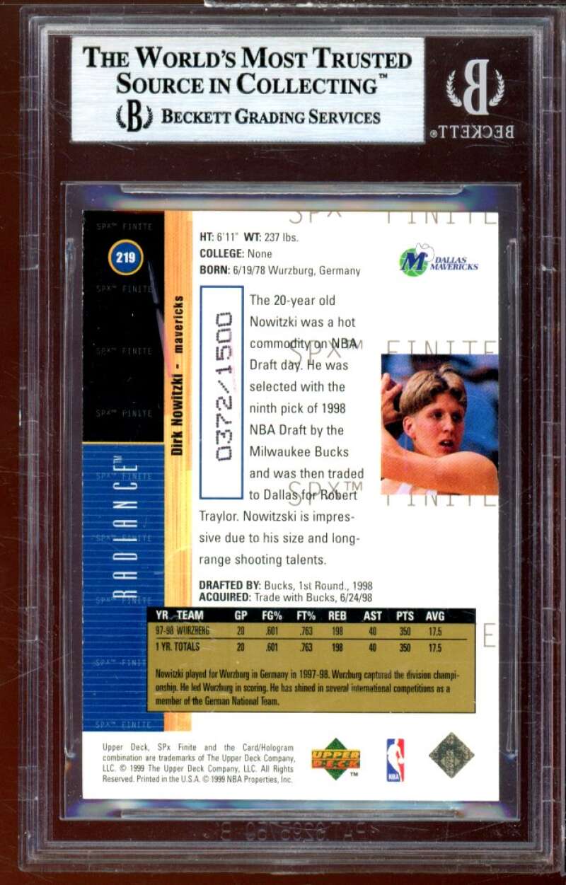 Dirk Nowitzki Rookie Card 1998-99 SPX Finite Radiance #219 BGS 9 (9.5 8.5 9 9) Image 2