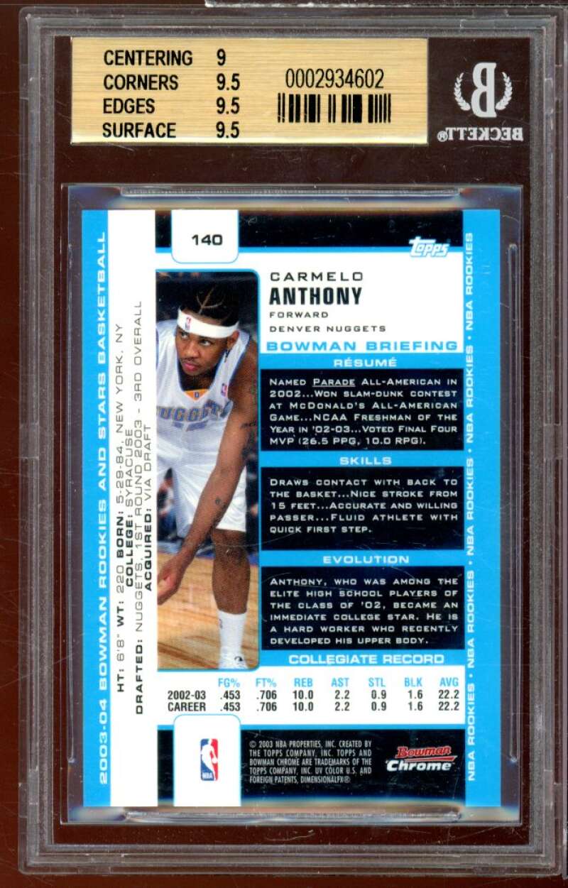 Carmelo Anthony Rookie Card 2003-04 Bowman Chrome #140 BGS 9.5 (9 9.5 9.5 9.5) Image 2