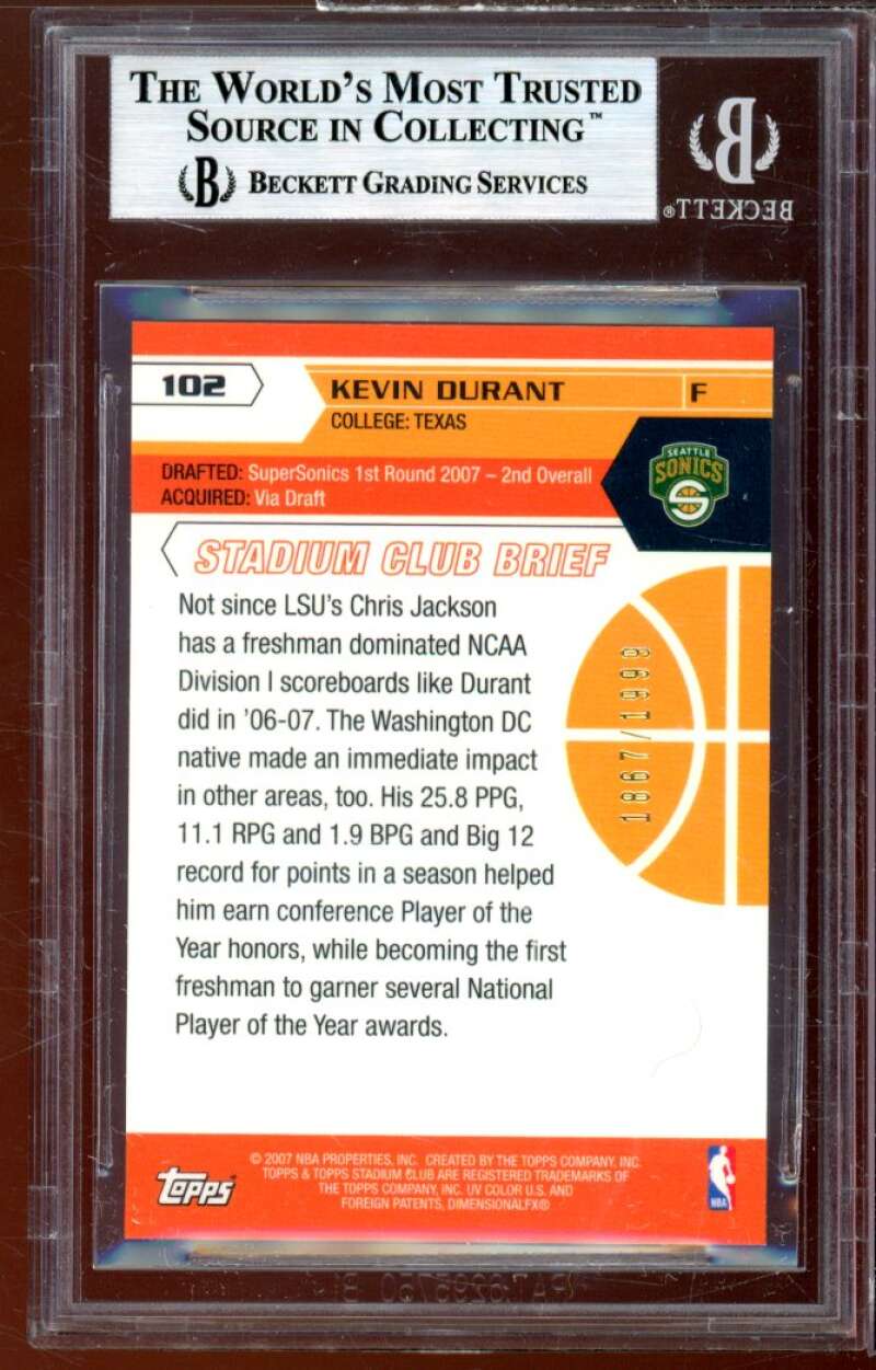 Kevin Durant Rookie Card 2007-08 Stadium Club #102 BGS 9 (9.5 9.5 9.5 8.5) Image 2