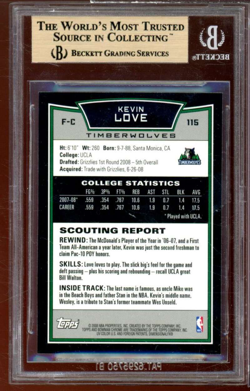 Kevin Love Rookie Card 2008-09 Bowman Chrome #115 BGS 9.5 (9.5 9.5 9.5 9.5) Image 2