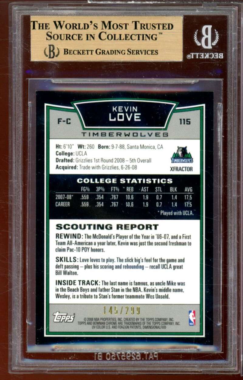 Kevin Love Rookie 2008-09 Bowman Chrome X-Fractors #115 BGS 9.5 (9.5 9 9.5 10) Image 2