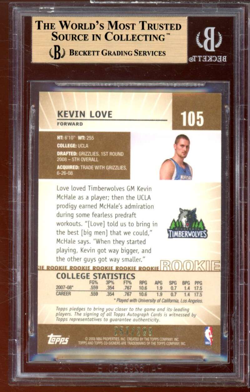 Kevin Love Rookie 2008-09 Topps Co-Signers Bronze #105 BGS 9.5 (10 9.5 9.5 9.5) Image 2