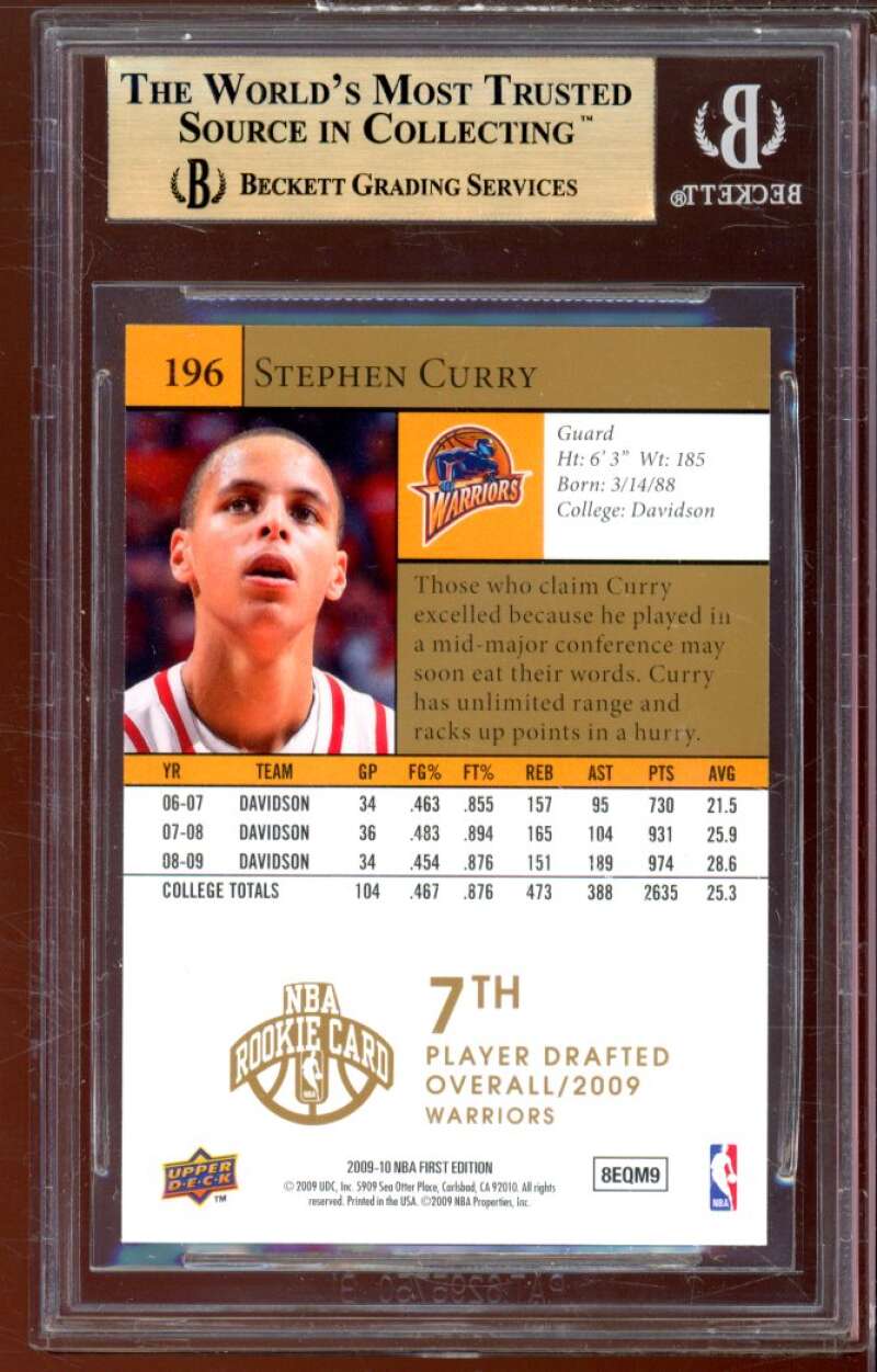 Stephen Curry Rookie 2009-10 UD First Edition Gold #196 BGS 9.5 (9.5 9 9.5 10) Image 2