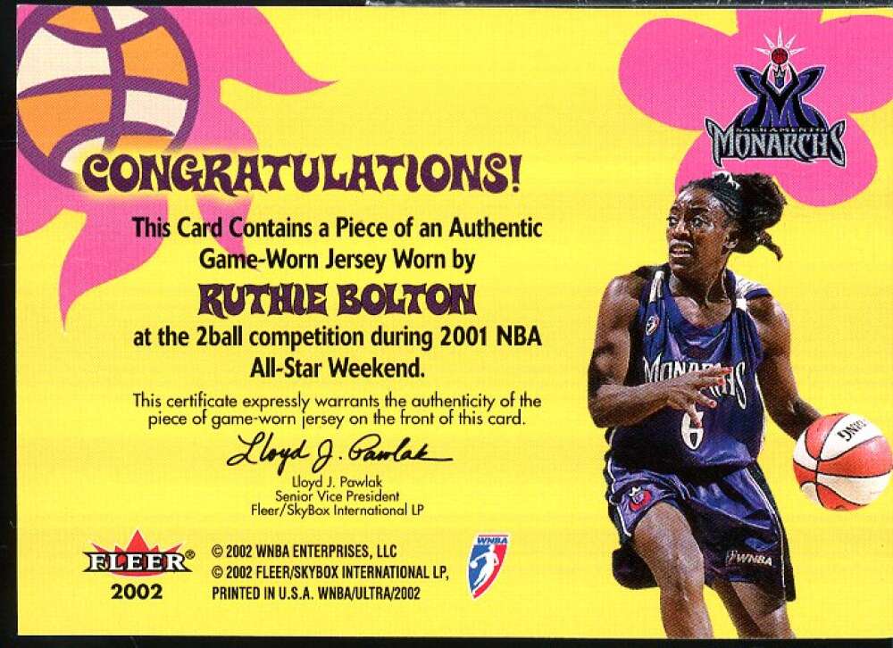 Ruthie Bolton-Holifield Card 2002 Ultra WNBA Summer Love Memorabilia #SL2  Image 2