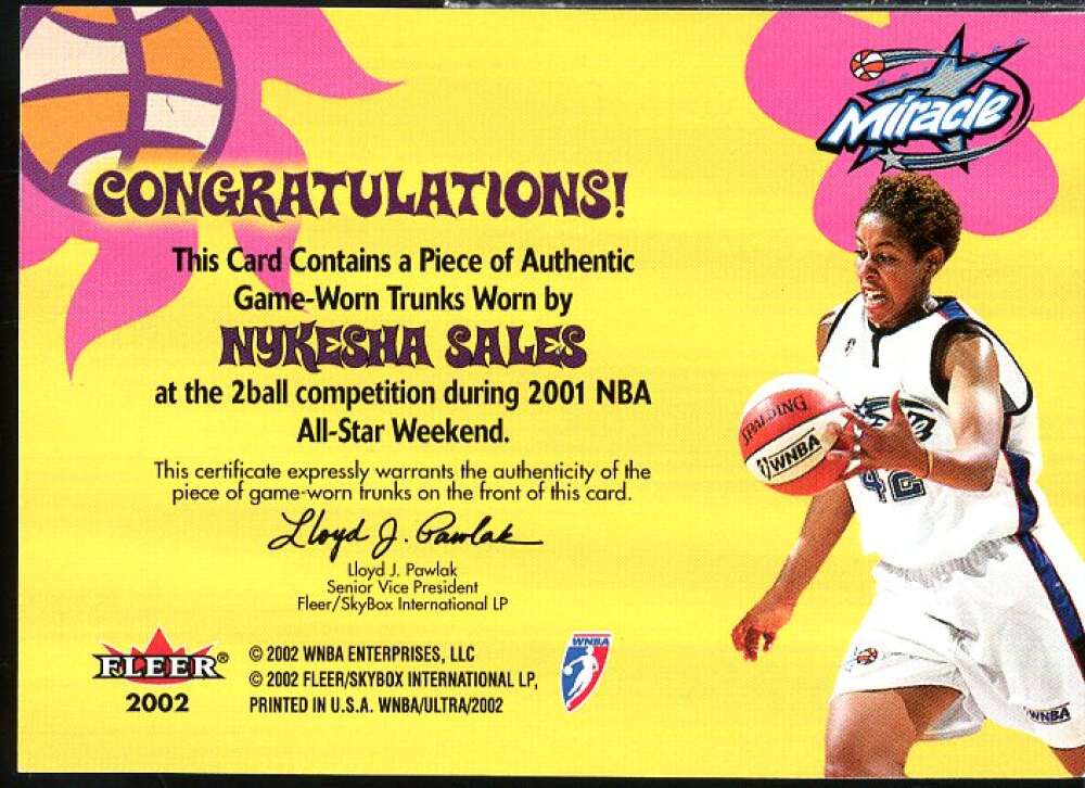 Nykesha Sales Card 2002 Ultra WNBA Summer Love Memorabilia #SL9  Image 2