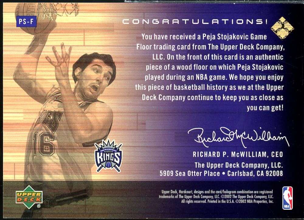 Peja Stojakovic Card 2002-03 Upper Deck Hardcourt UD Game Floor #PSF  Image 2