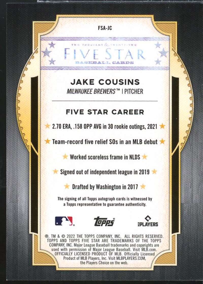 Jake Cousins Rookie Card 2022 Topps Five Star Autographs #FSAJC  Image 2