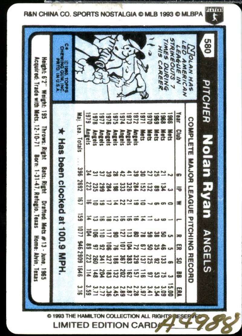 Nolan Ryan/1980 Topps Card 1993 Hamilton Collection Nolan Ryan Porcelain #13  Image 2