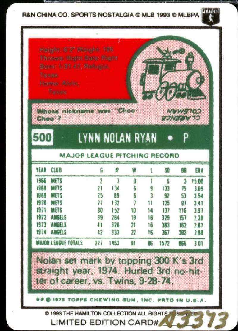 Nolan Ryan/1975 Topps Card 1993 Hamilton Collection Nolan Ryan Porcelain #8  Image 2