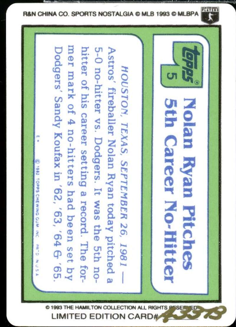 Nolan Ryan/1982 Topps Card 1993 Hamilton Collection Nolan Ryan Porcelain #15  Image 2