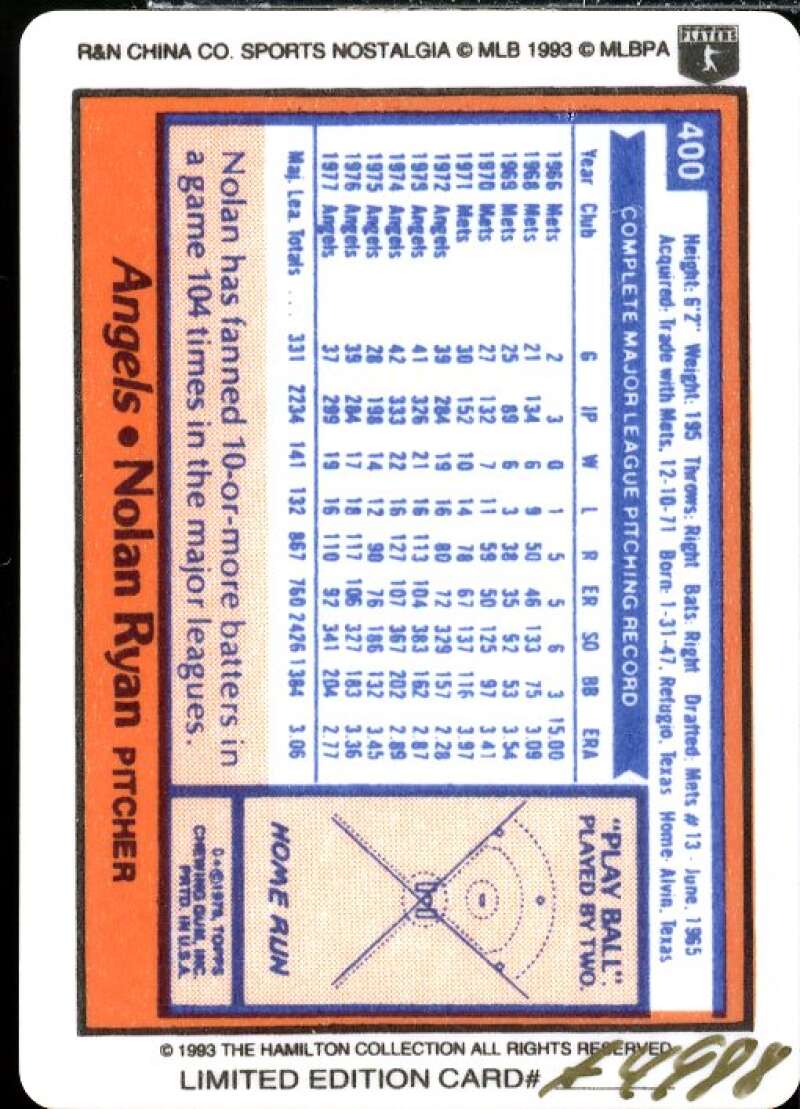 Nolan Ryan/1978 Topps Card 1993 Hamilton Collection Nolan Ryan Porcelain #11  Image 2