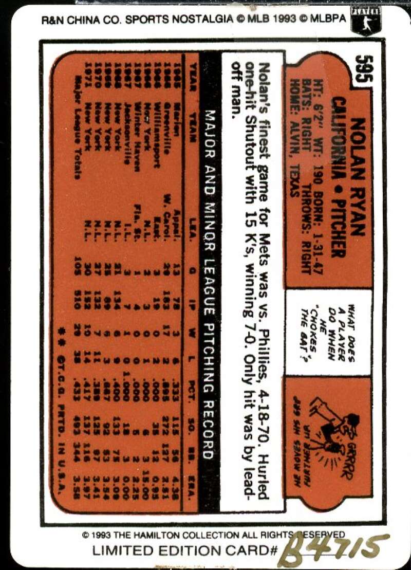 Nolan Ryan/1972 Topps Card 1993 Hamilton Collection Nolan Ryan Porcelain #5  Image 2