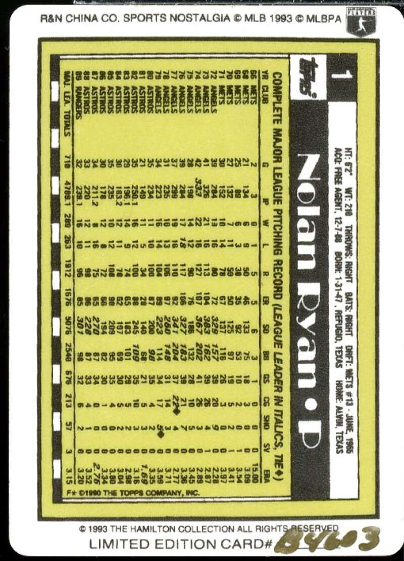 Nolan Ryan/1990 Topps Card 1993 Hamilton Collection Nolan Ryan Porcelain #23  Image 2