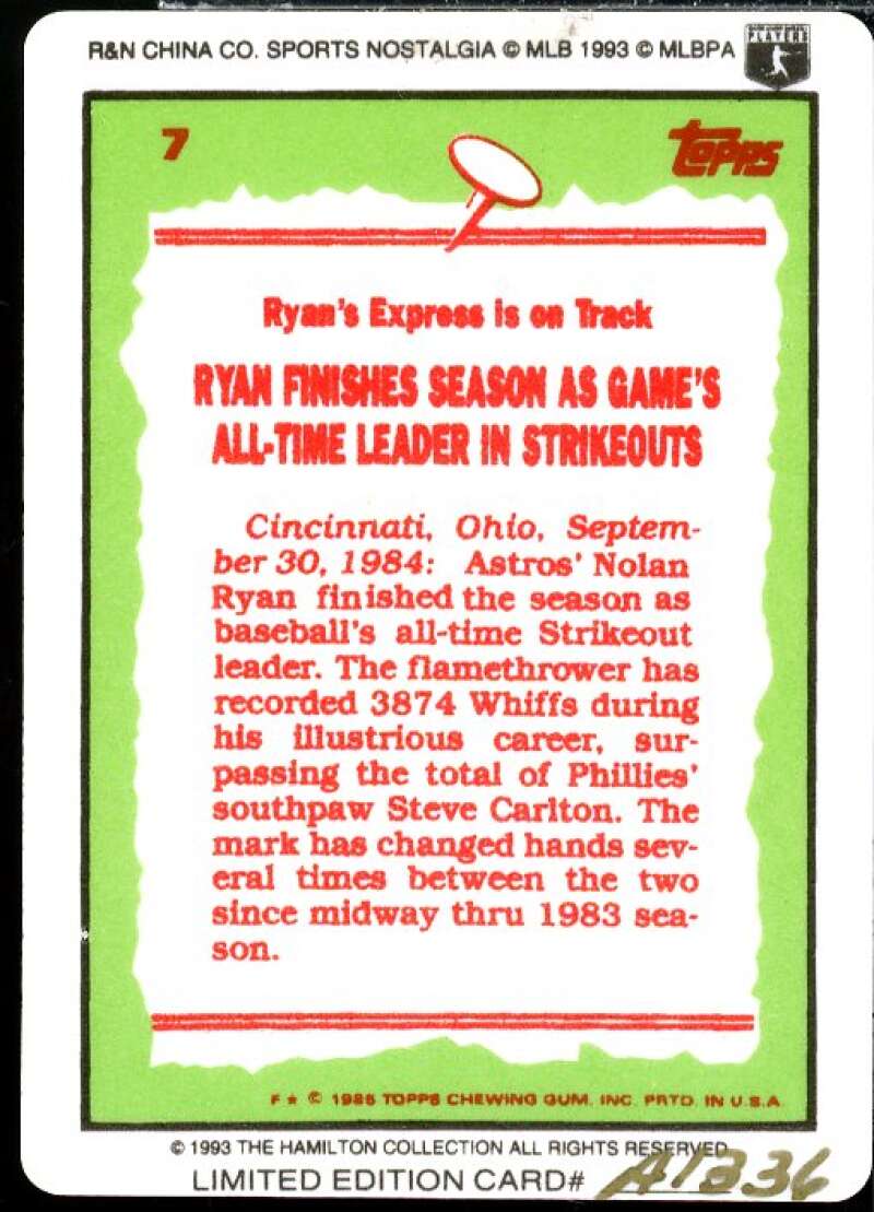 Nolan Ryan/1985 Topps Card 1993 Hamilton Collection Nolan Ryan Porcelain #18  Image 2