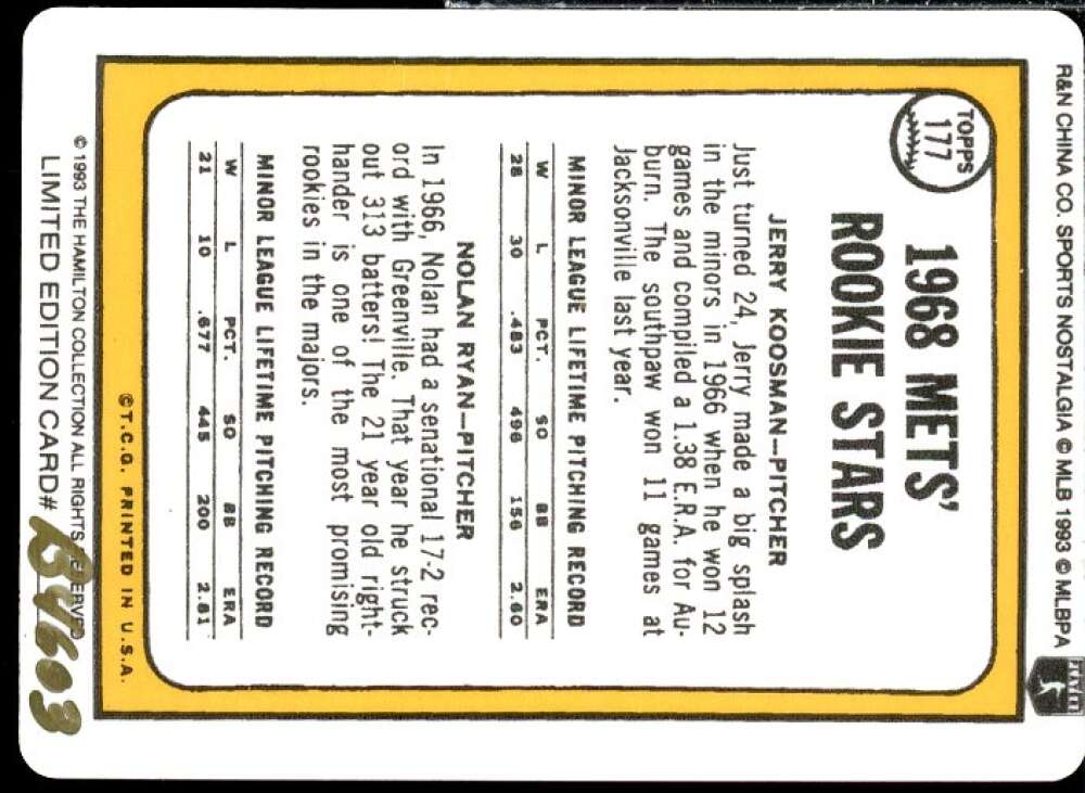 Koosman/Nolan Ryan/1968 Topps 1993 Hamilton Collection Nolan Ryan Porcelain #1  Image 2