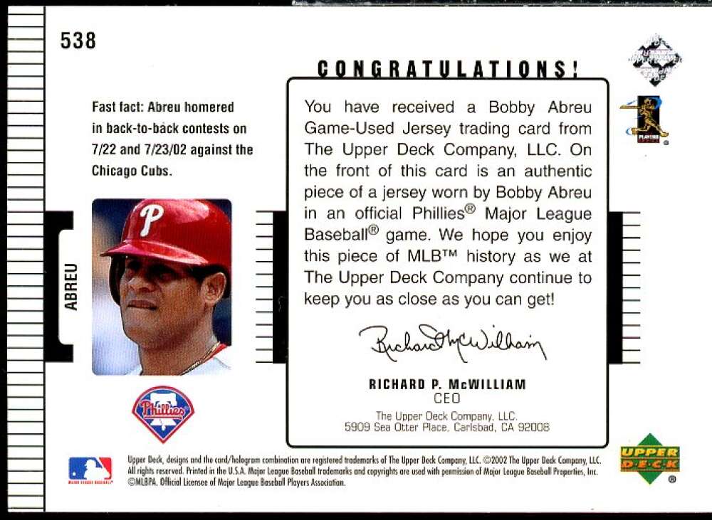 Bobby Abreu DC Jsy Card 2002 Upper Deck Diamond Connection #538  Image 2