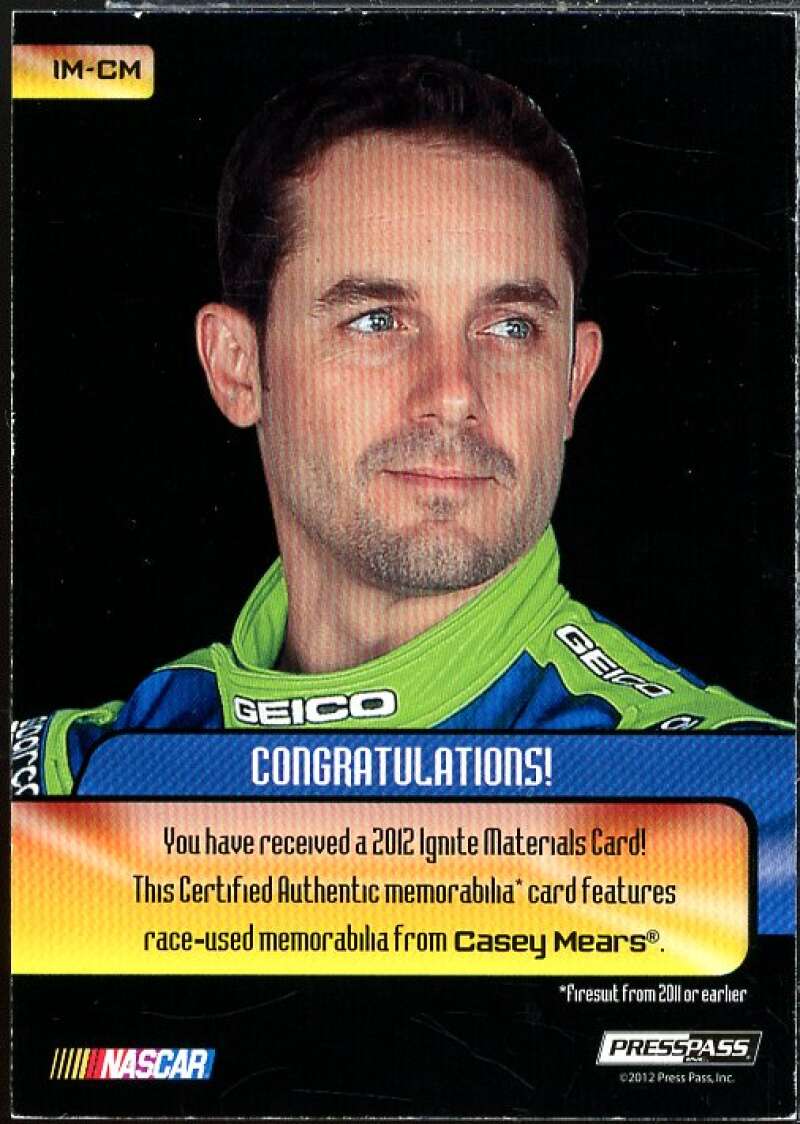 Casey Mears Card 2012 Press Pass Ignite Materials Silver #IMCM  Image 2