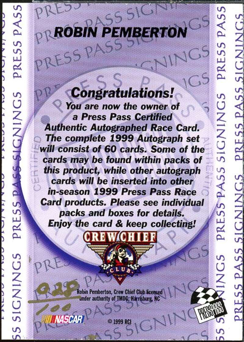 Robin Pemberton Card 1999 Press Pass Signings Gold #21  Image 2
