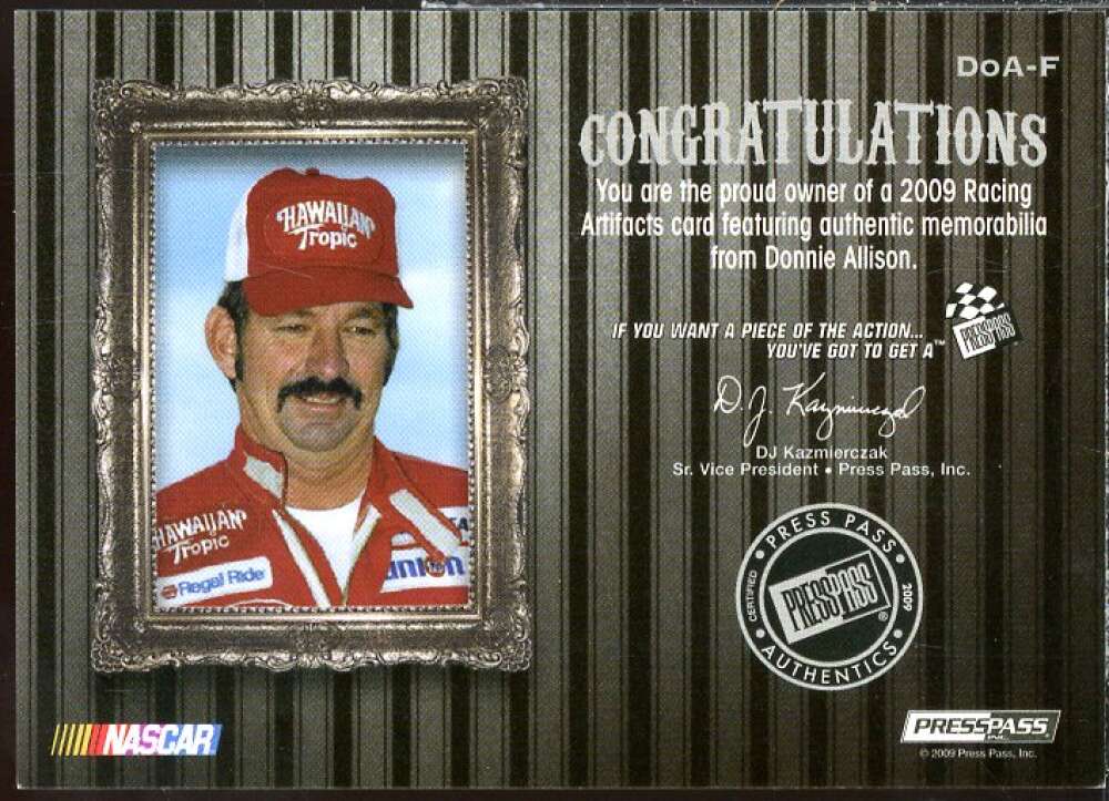 Donnie Allison Card 2009 Press Pass Legends Artifacts Firesuits Silver #DoAF  Image 2