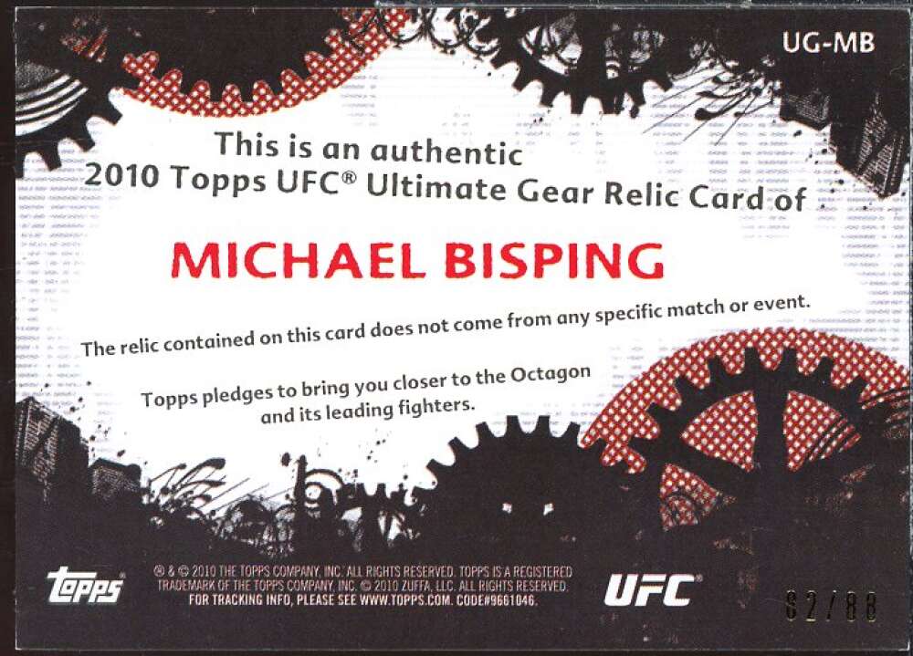 Michael Bisping Card 2010 Topps UFC Ultimate Gear Black #UGMB  Image 2