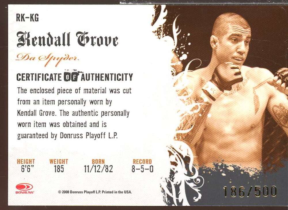 Kendall Grove Card 2008 Americana II Ring Kings Material #KG  Image 2