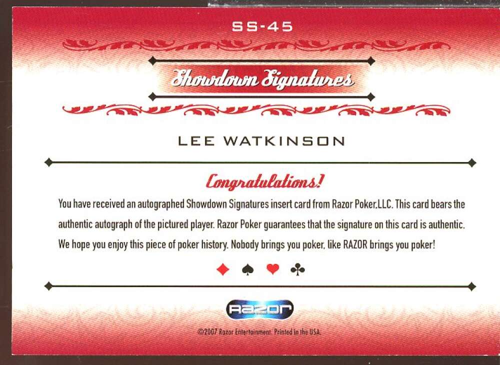 Lee Watkinson Card 2007 Razor Poker Signature Series #SS45  Image 2