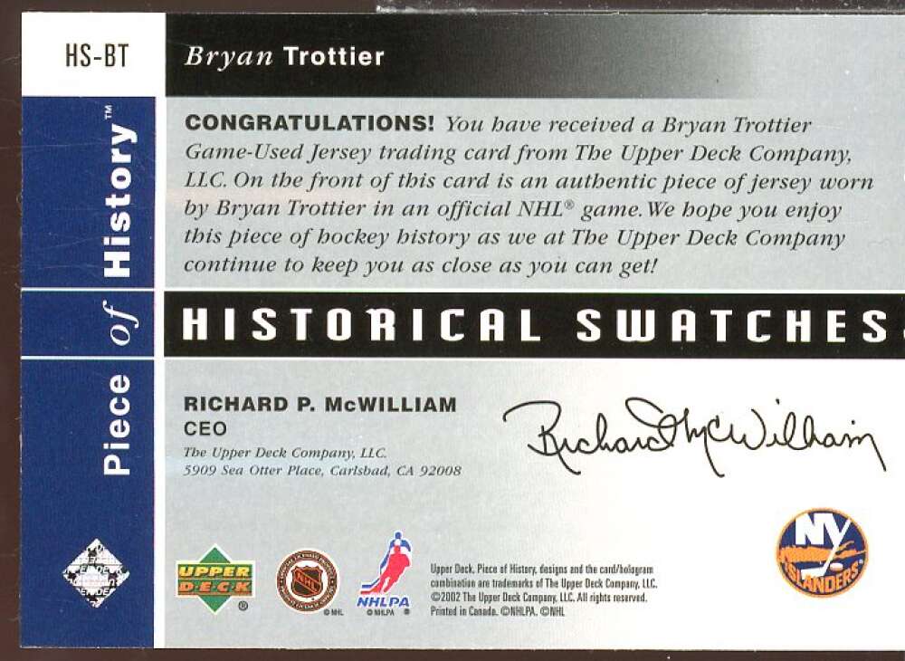 Bryan Trottier 2002-03 UD Piece of History Historical Swatches Jerseys #HSBT  Image 2