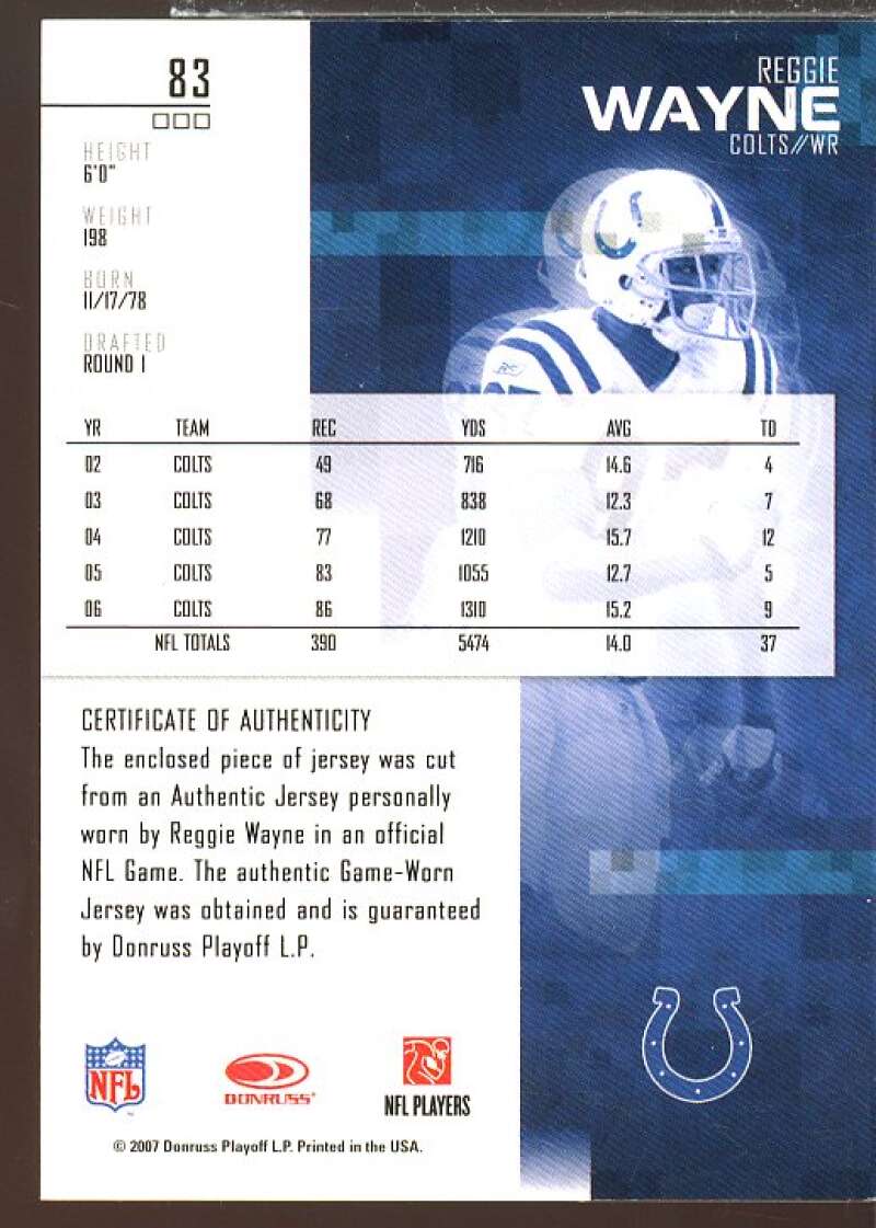 Reggie Wayne Card 2007 Leaf Rookies and Stars Materials Emerald Prime #83  Image 2