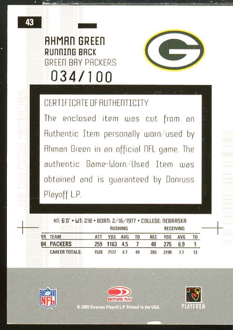 Ahman Green Card 2005 Leaf Certified Materials Mirror Red Materials #43  Image 2