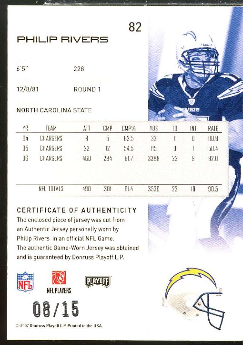 Philip Rivers Card 2007 Playoff NFL Playoffs Materials Silver Prime #82  Image 2