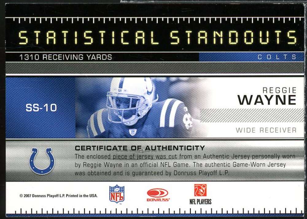 Reggie Wayne Card 2007 Leaf Rookies Stars Statistical Standouts Materials #10  Image 2