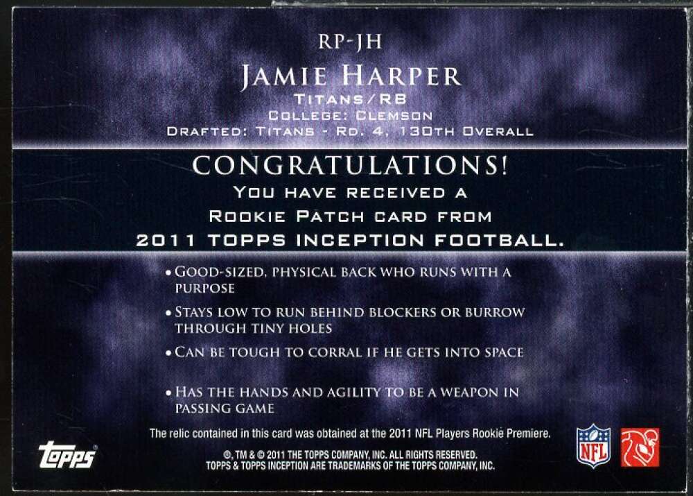 Jamie Harper Rookie Card 2011 Topps Inception Rookie Relics Patch Green #RPJH  Image 2