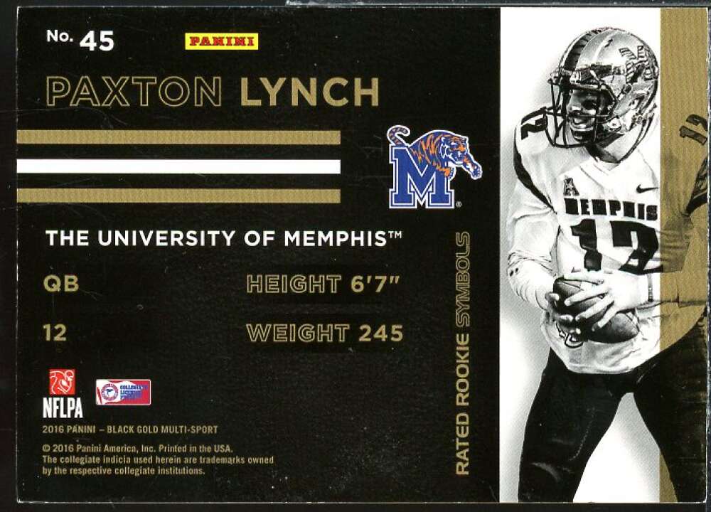 Paxton Lynch 2016 Black Gold Collegiate Rated Rookie Symbols Black Gold #45  Image 2