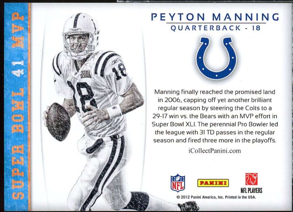 Peyton Manning SB41 MVP Card 2012 Panini Super Bowl XLl Patches #PM  Image 2