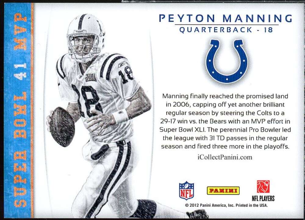 Peyton Manning SB41 MVP Card 2012 Panini Super Bowl XLlPatches #PM  Image 2