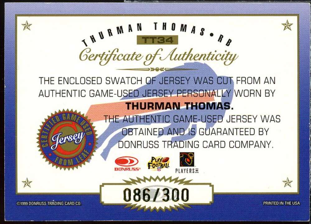 Thurman Thomas Card 1999 Leaf Certified Gridiron Gear #TT34  Image 2