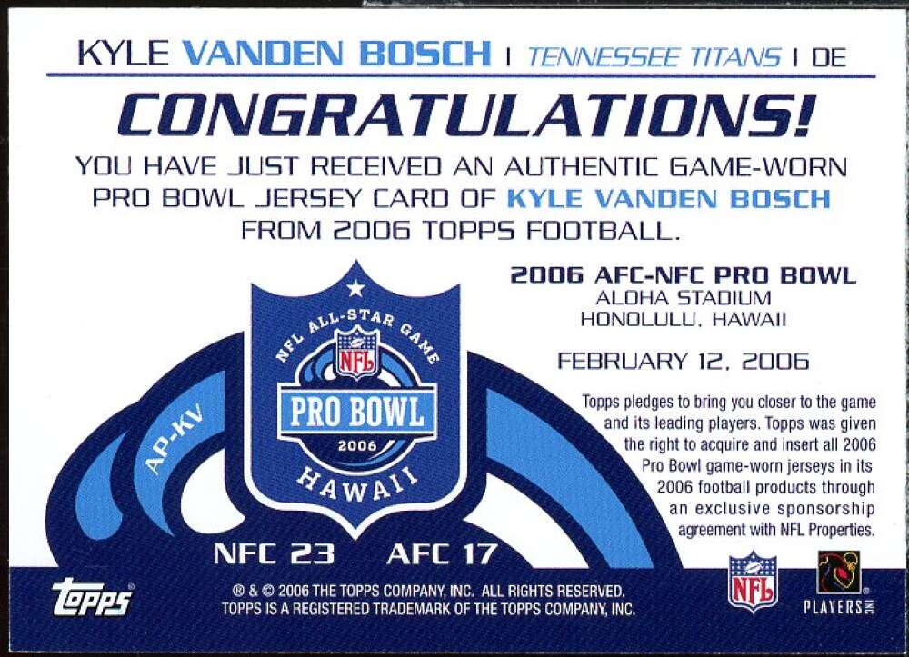 Kyle Vanden Bosch B Card 2006 Topps All-Pro Relics #APKV  Image 2