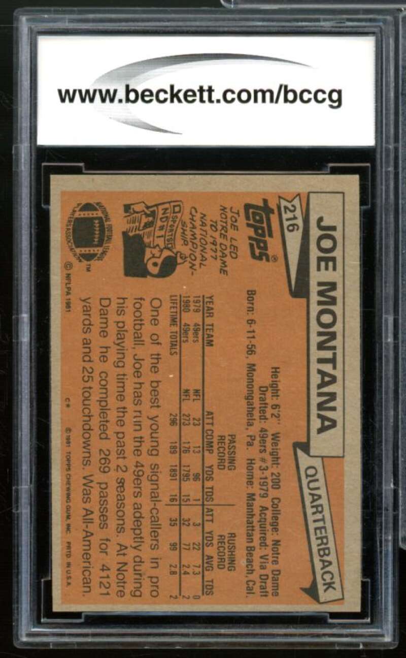 1981 Topps #216 Joe Montana Rookie Card BGS BCCG 10 Mint++ Image 2