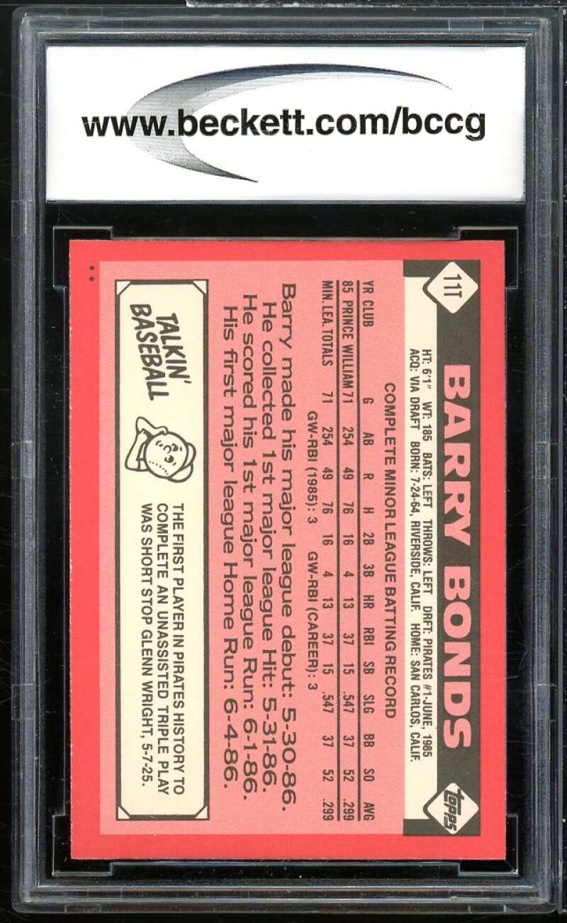 1986 Topps Traded #11T Barry Bonds Rookie Card BGS BCCG 9 Near Mint+ Image 2