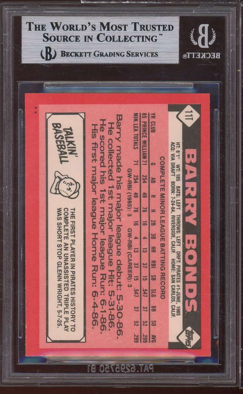 Barry Bonds Rookie Card 1986 Topps Traded #11T BGS 9 (9 9 9 9.5) Image 2