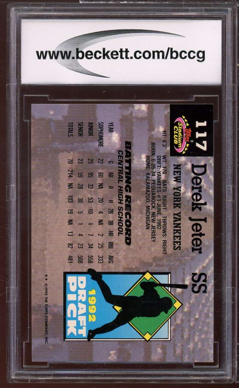 1993 Stadium Club Murphy #117 Derek Jeter Rookie Card BGS BCCG 9 Near Mint+ Image 2