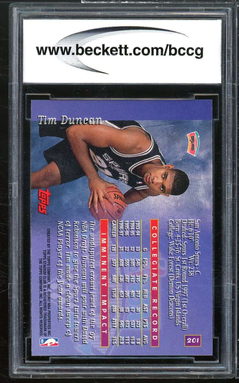 1997-98 Stadium Club #201 Tim Duncan Rookie Card BGS BCCG 10 Mint+ Image 2