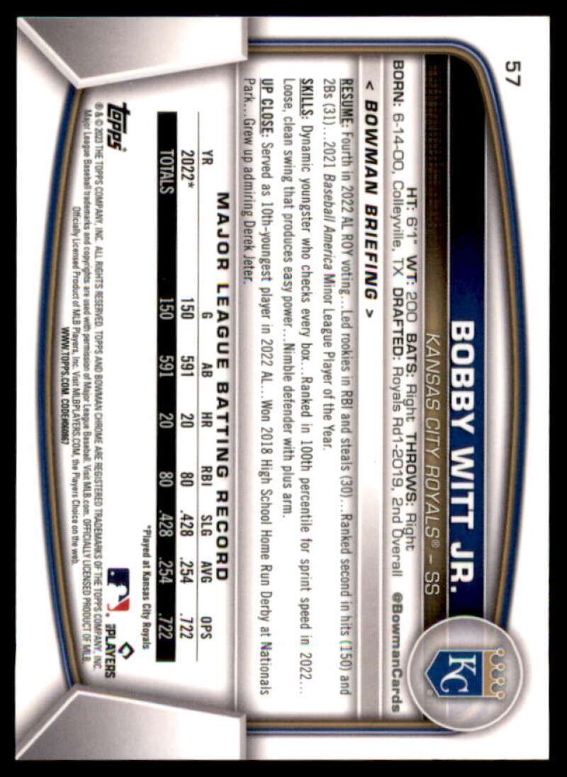 Bobby Witt Jr. Card 2023 Bowman Chrome Mega Box Aqua Refractors #57  Image 2