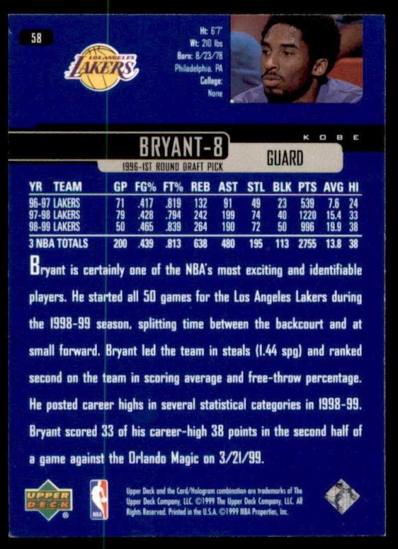 Kobe Bryant Card 1999-00 Upper Deck #58  Image 2